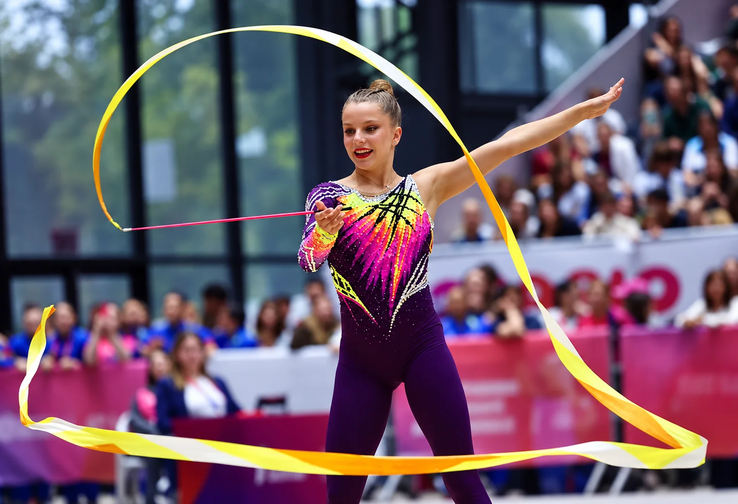 Rhythmic Art gymnast Jimena Dominguez swinging a yellow ribbon in wide loops on the competition floor