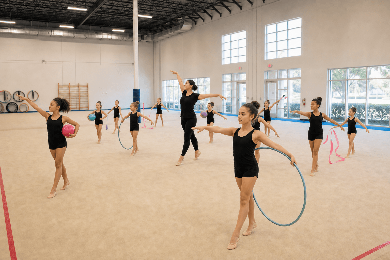 Coach leading a beginner rhythmic gymnastics class with hoops, balls, clubs, and ribbons on a large training floor