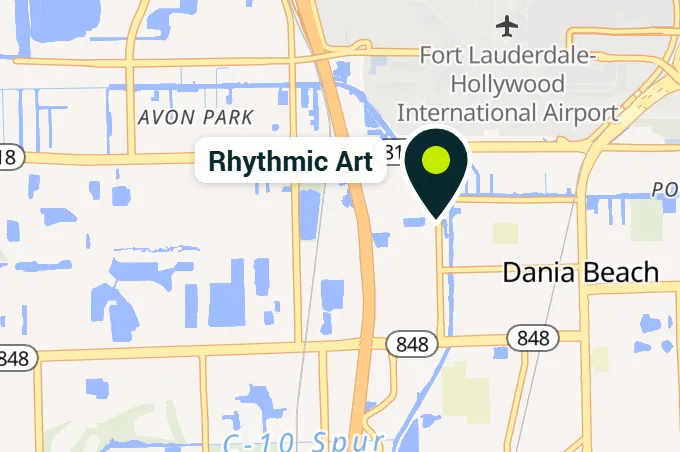Map showing Rhythmic Art at 301 Bryan Rd in Dania Beach, just south of Fort Lauderdale-Hollywood International Airport and east of I-95