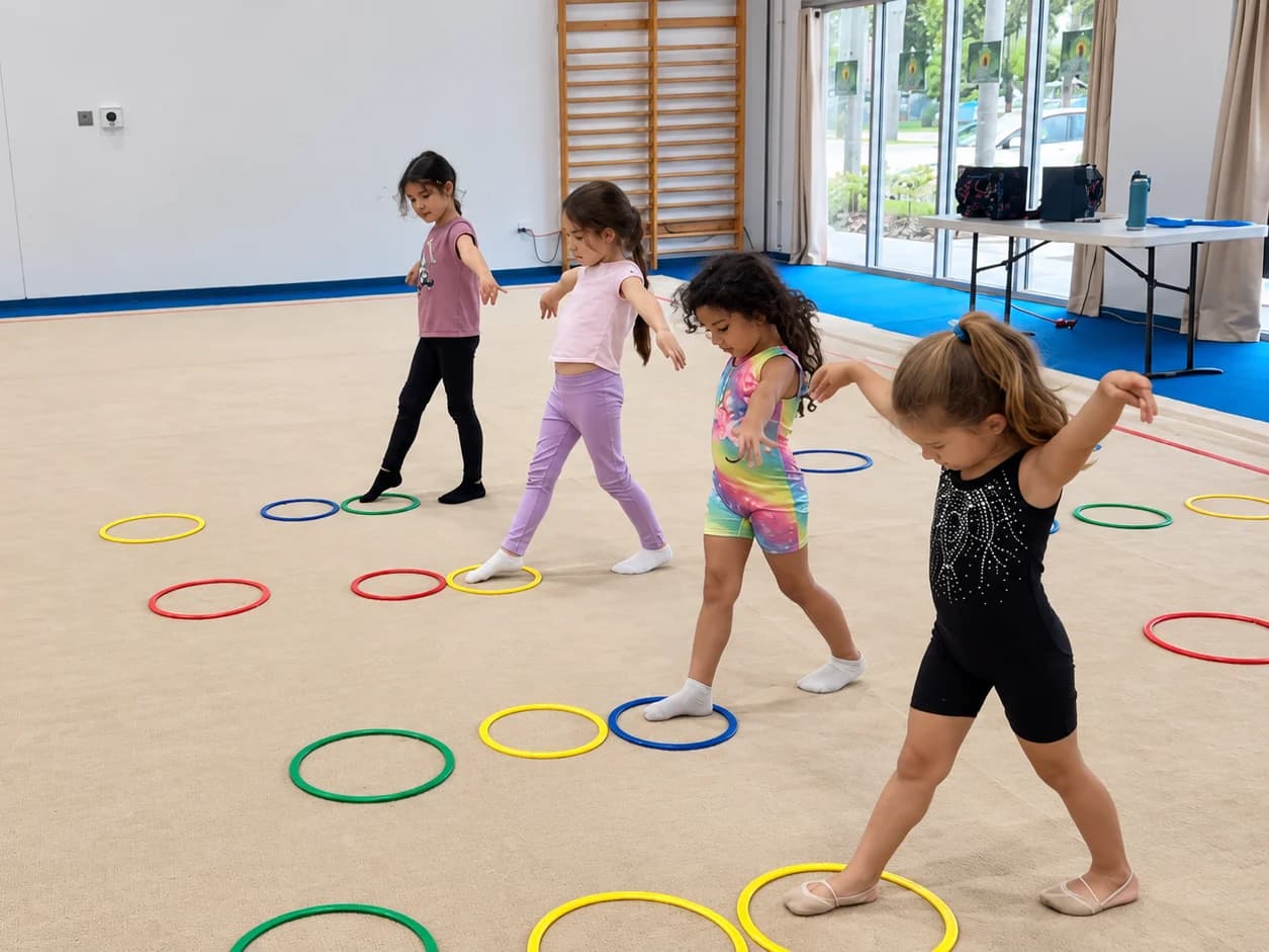 Girls in a class stepping through colored hoops on the carpet