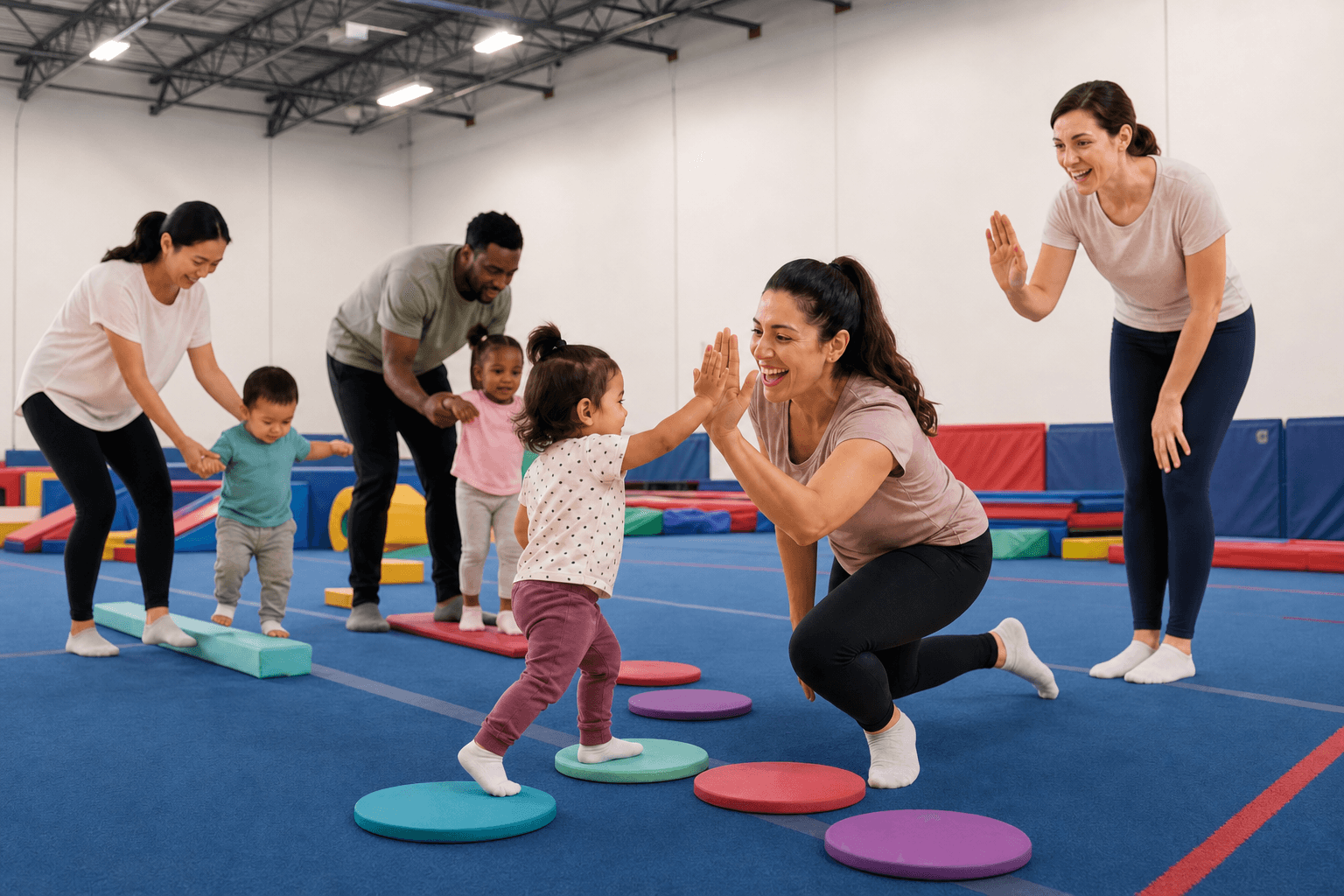 Caregivers helping toddlers through a movement circuit in a blue-floor gymnastics space