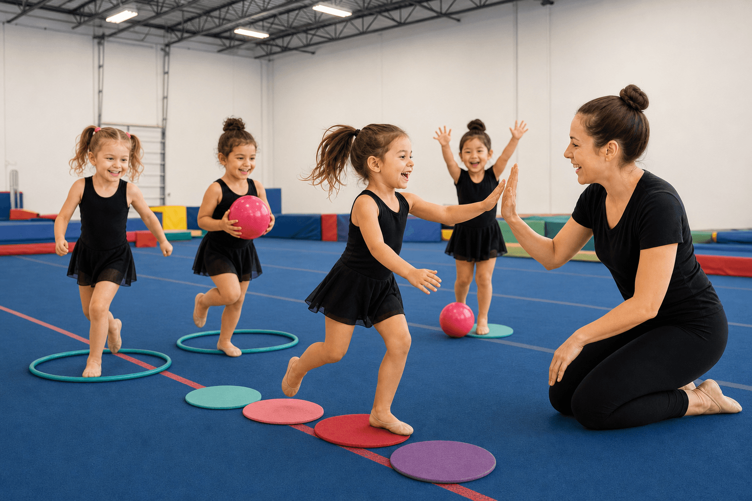Child completing a movement circuit and high-fiving a coach in a blue-floor gymnastics space