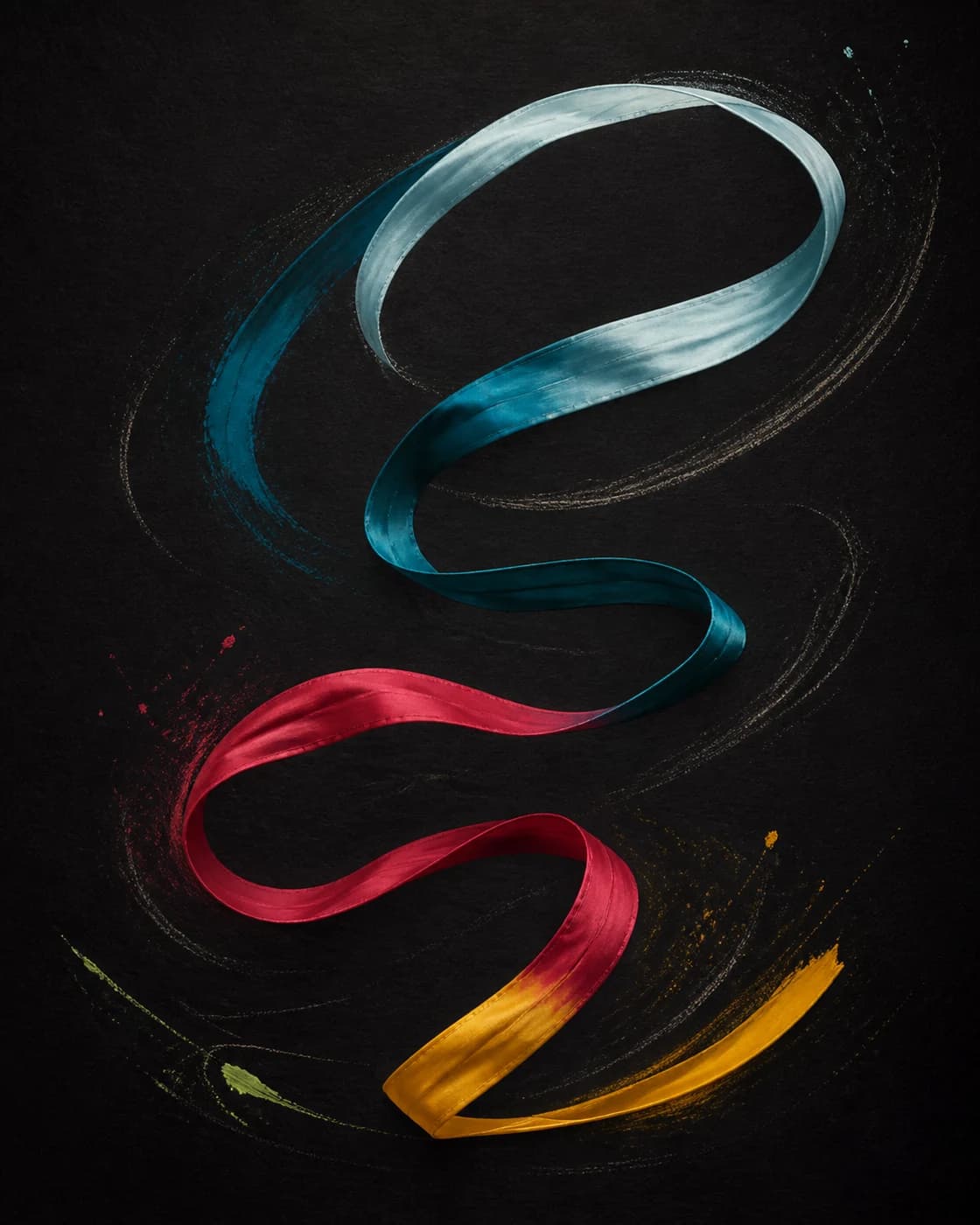 Abstract rhythmic ribbon looping through teal, raspberry, gold, and hand-drawn movement marks