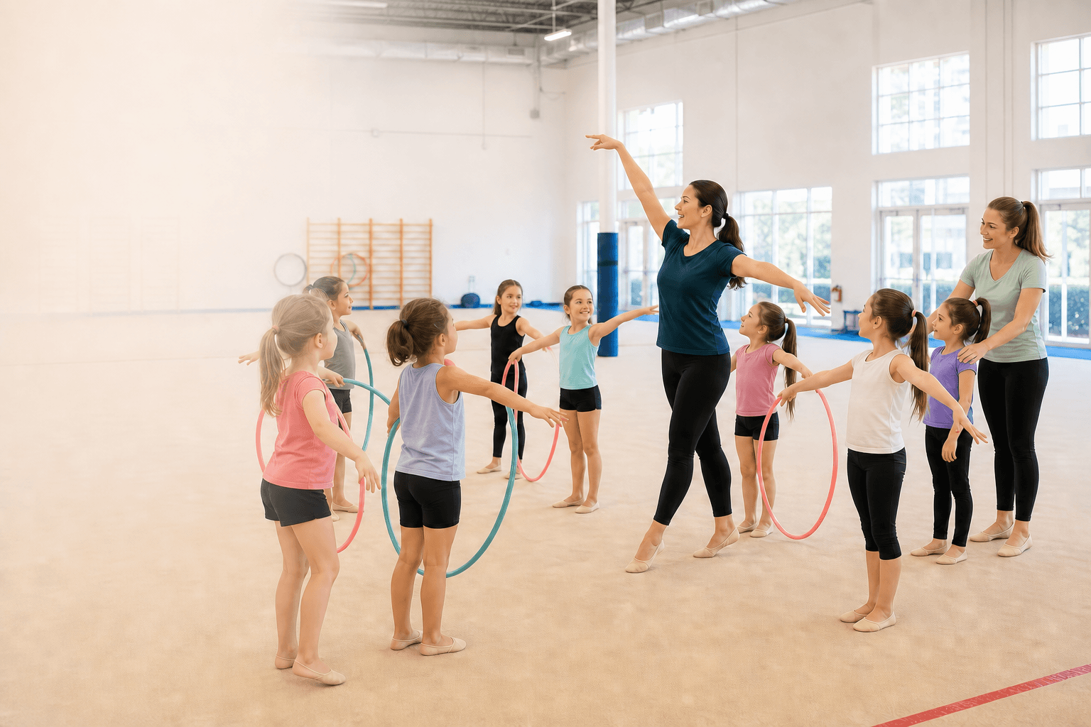 A coach leads a beginner rhythmic gymnastics class with hoops while another adult instructor supports children nearby