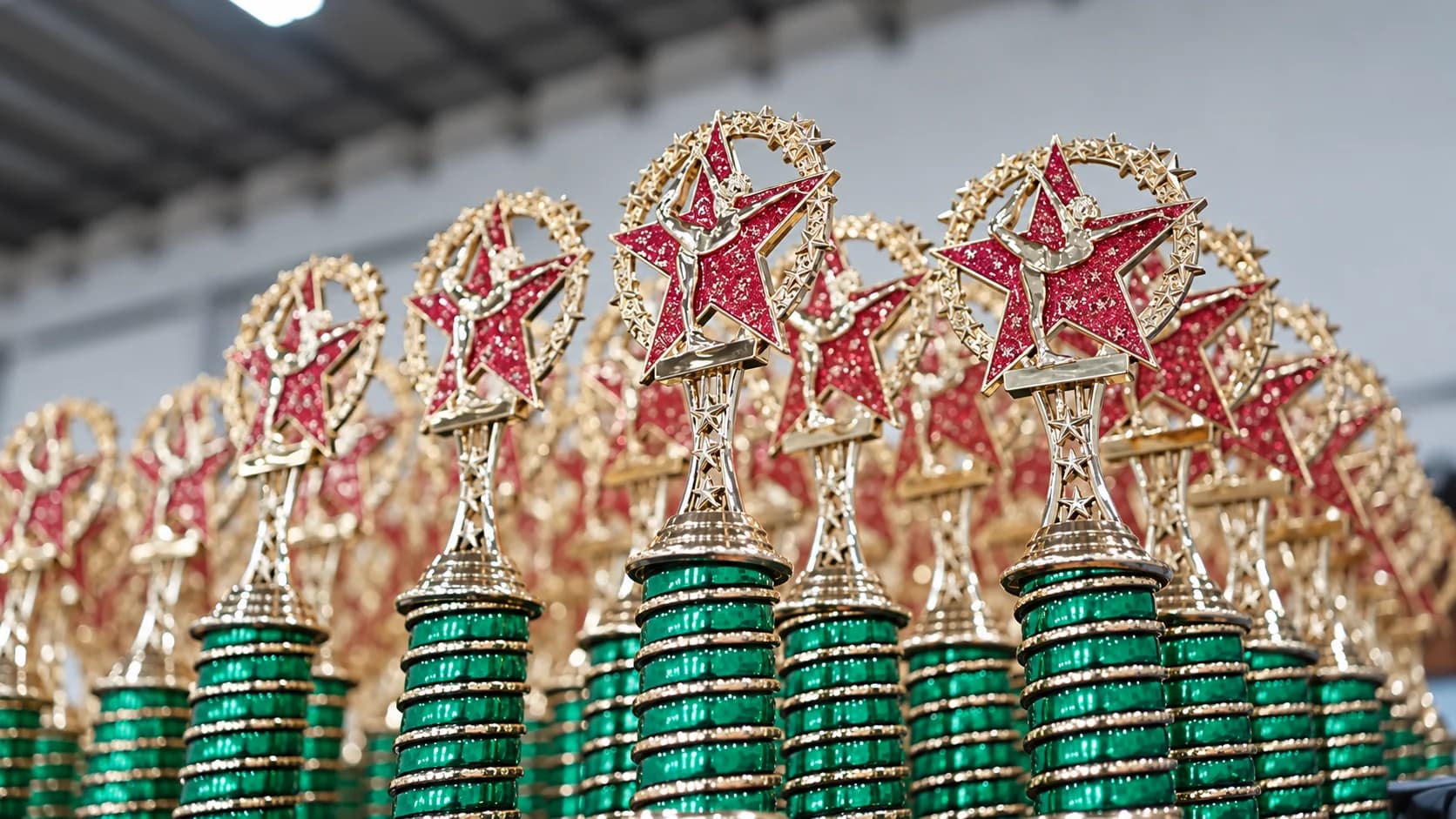 Fileiras de troféus do Rhythmic Art Invitational fotografadas antes da competição