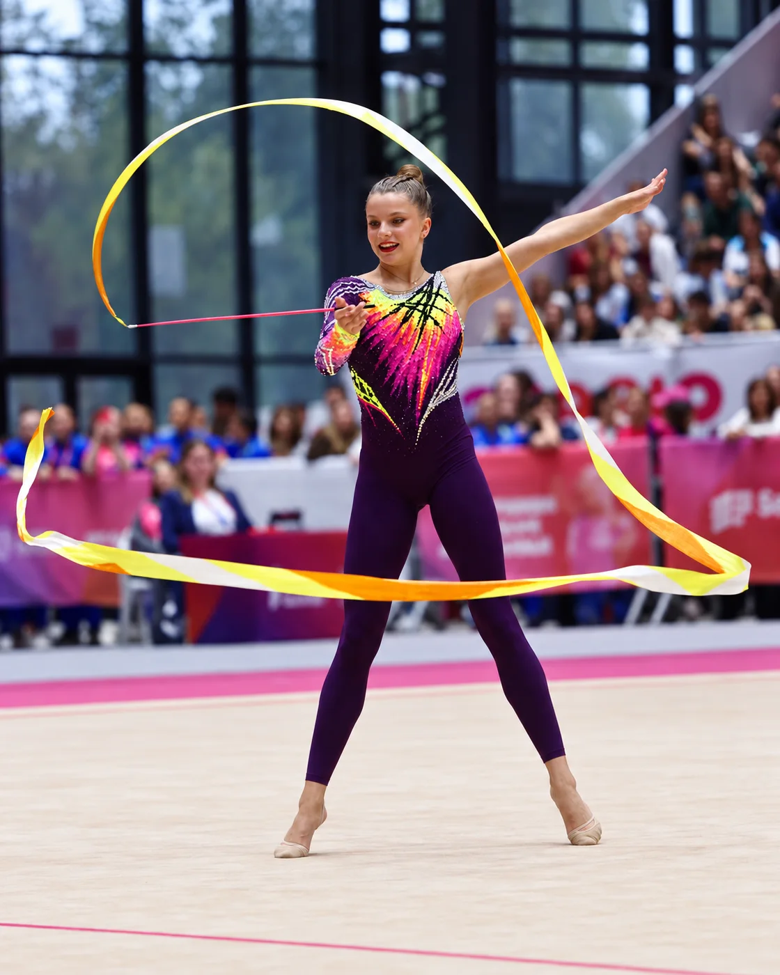 Jimena Dominguez of Rhythmic Art performing with a ribbon at the South American Games in Santa Fe