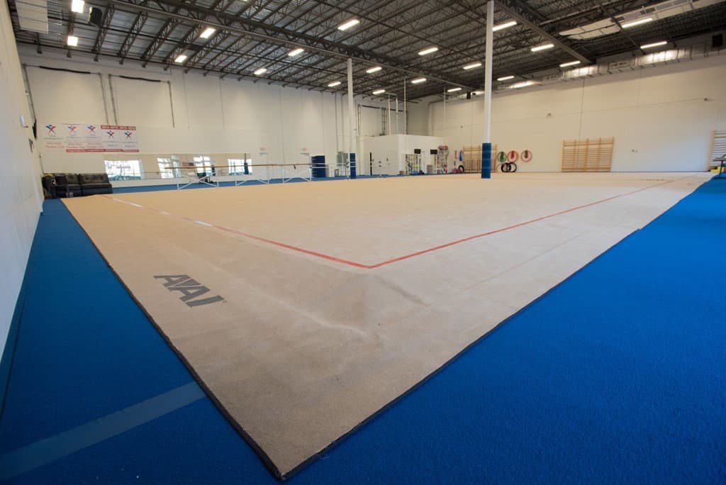 Full rhythmic gymnastics carpet with ballet barres and apparatus storage at Rhythmic Art
