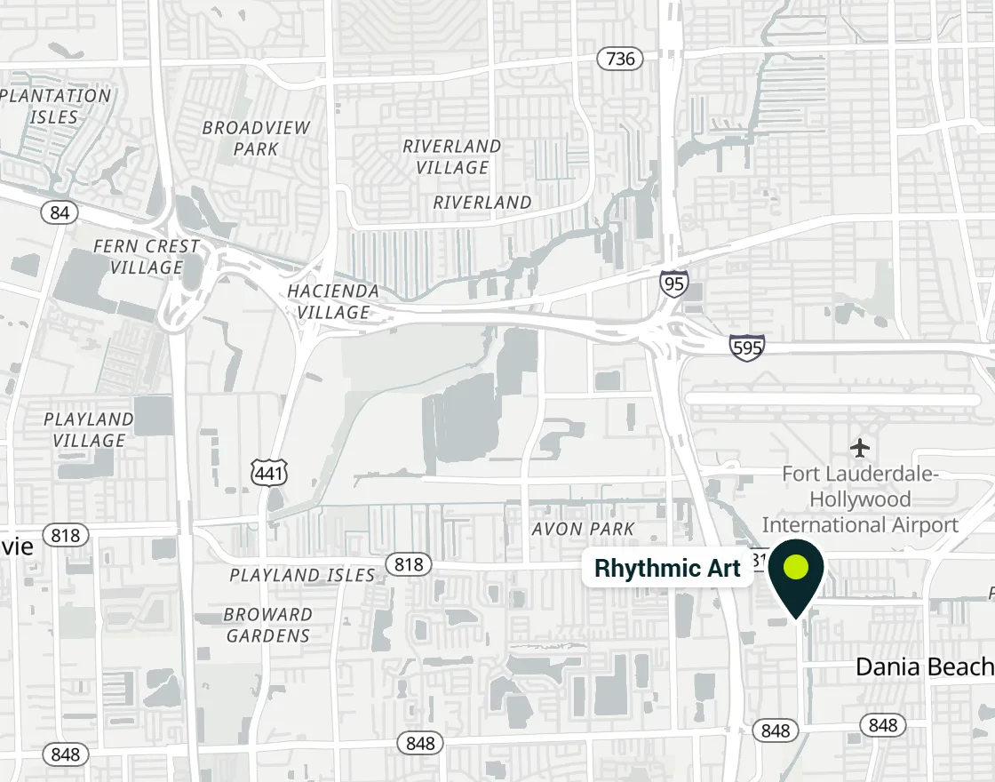 Map showing Rhythmic Art at 301 Bryan Rd in Dania Beach, just south of Fort Lauderdale-Hollywood International Airport and east of I-95
