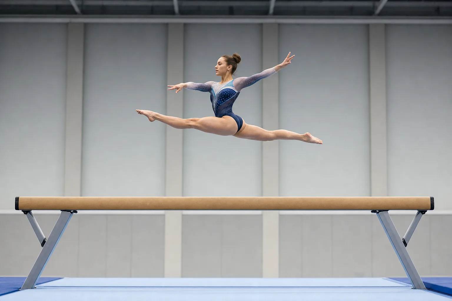 Artistic gymnast extending through a leap above a balance beam in an indoor gymnastics venue