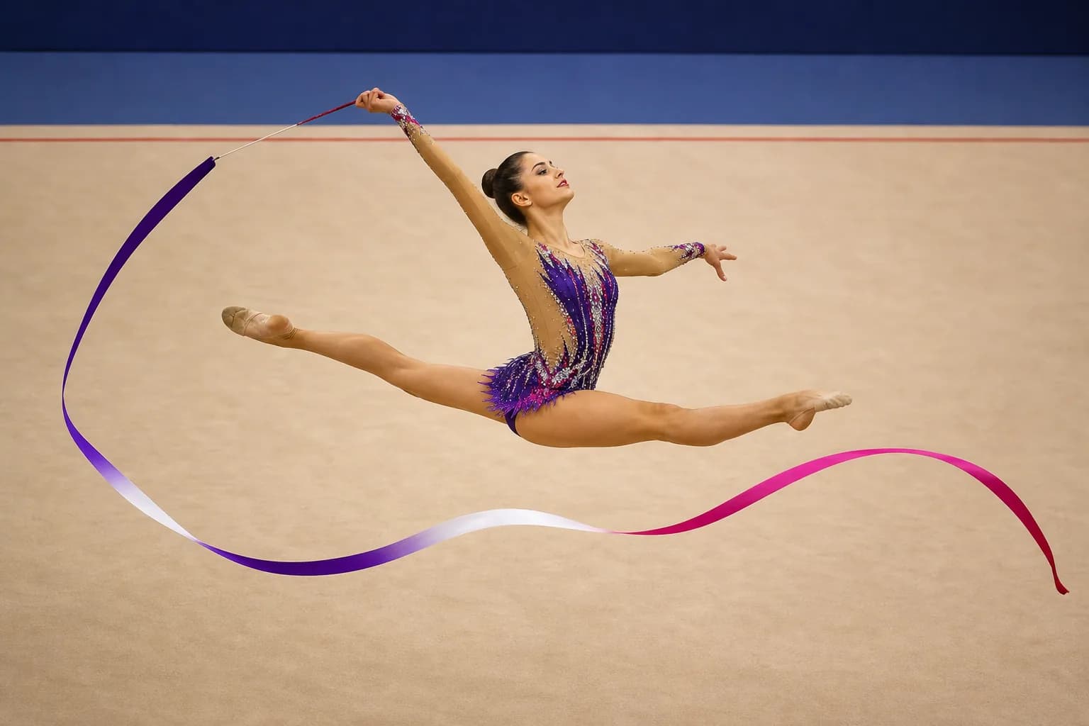 Rhythmic gymnast performing a split leap while guiding a ribbon across the competition floor