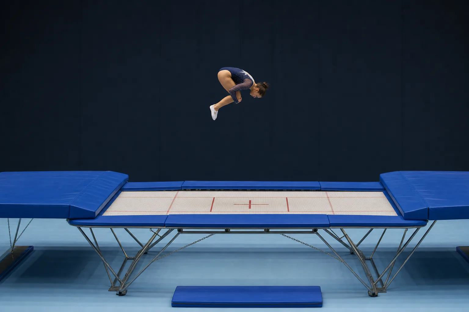 Trampoline gymnast in a tucked somersault above the center of a full-size trampoline