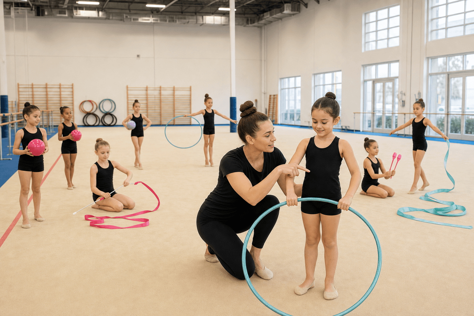 A coach kneels beside a young gymnast, helping her adjust how she holds the hoop while the class practices around them