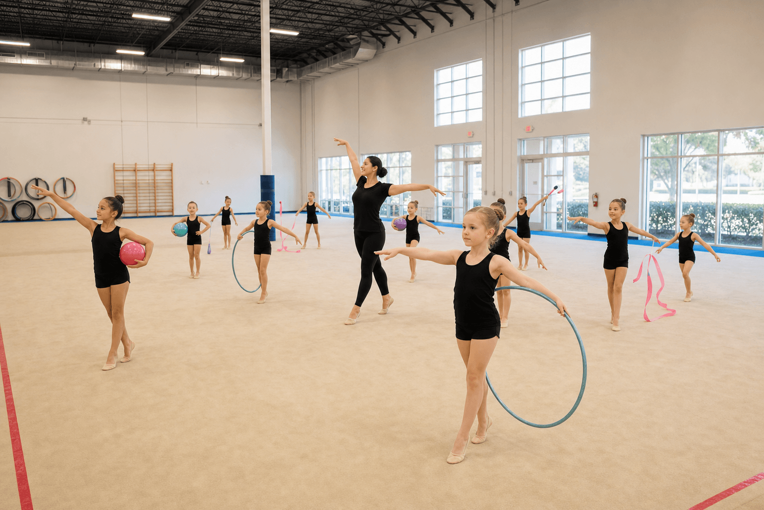 Coach leading a beginner rhythmic gymnastics class with hoops, balls, clubs, and ribbons on a large training floor