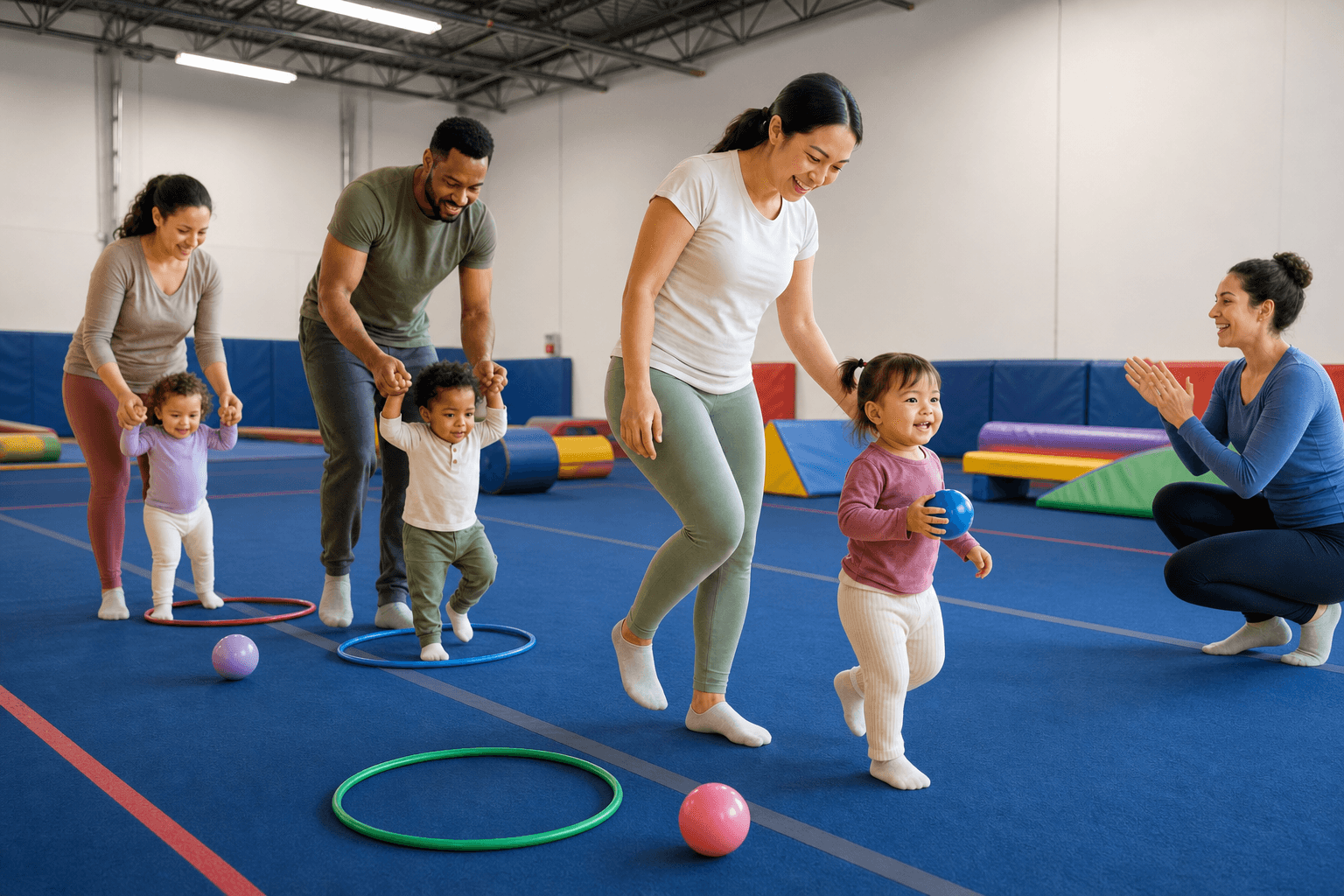 Caregivers and toddlers moving with hoops and balls in a blue-floor gymnastics space