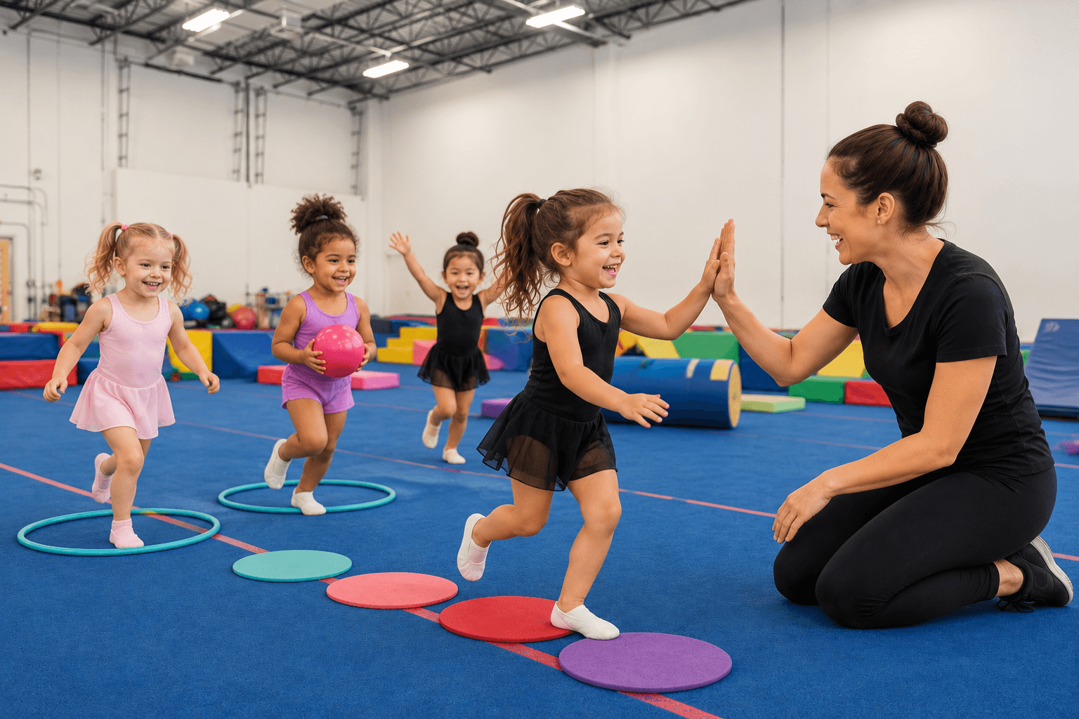 Preschool children move across floor spots while one high-fives a coach in a blue-floor gymnastics space