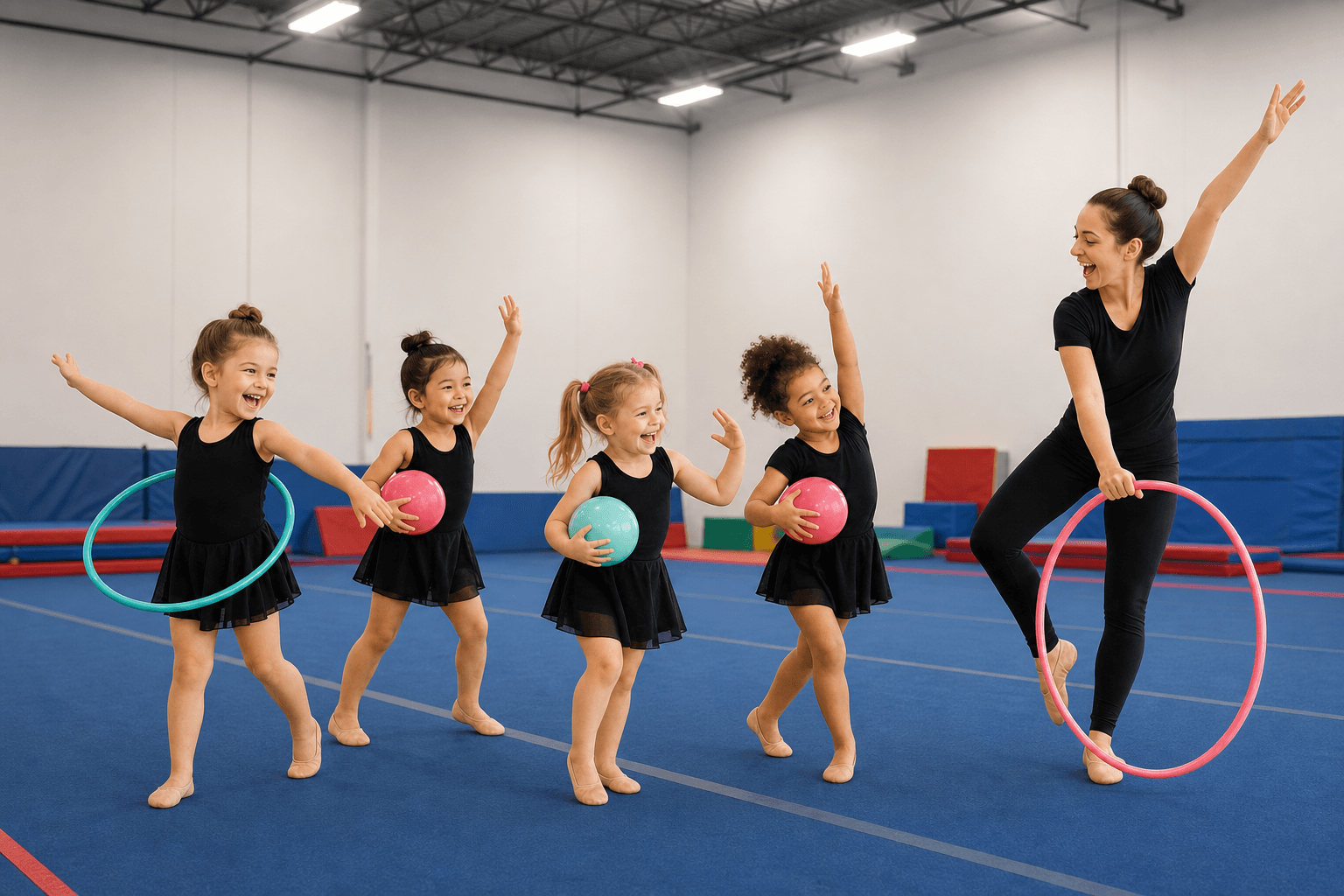 Children and a coach moving with hoops and balls in a blue-floor gymnastics space